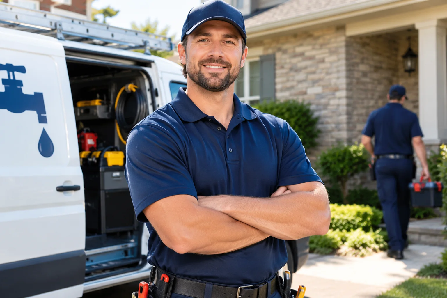 Bloomington IL Plumbing technician standing beside a stocked service van