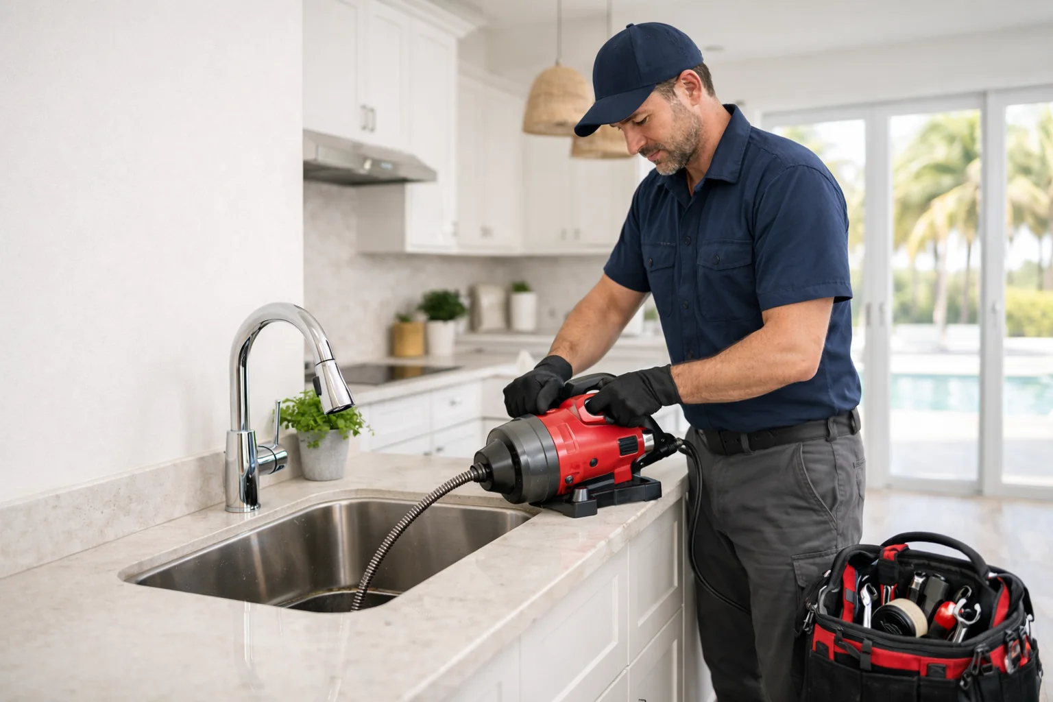 Plumber clearing a clogged kitchen sink drain with a drain machine in Bloomington, IL