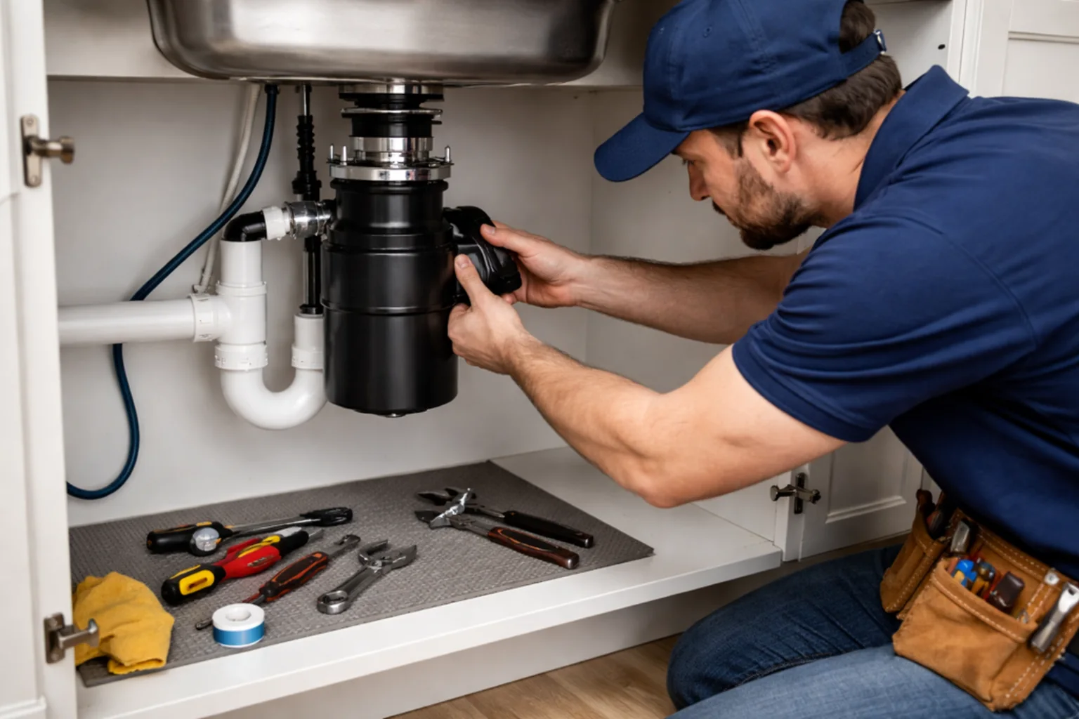 Plumber repairing a garbage disposal under a kitchen sink in Bloomington, IL