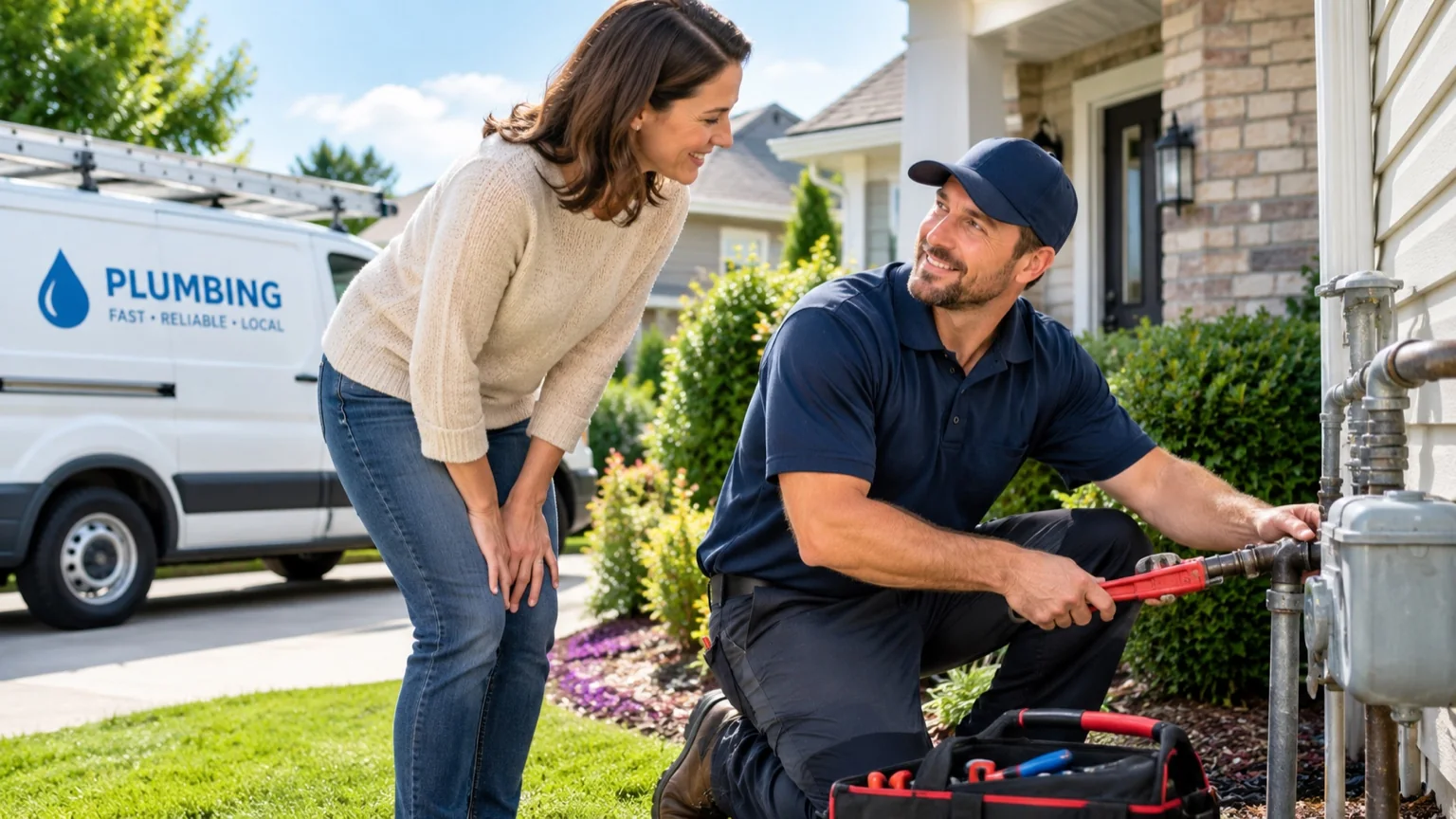 Bloomington, IL plumber repairing an outdoor water line as a homeowner looks on