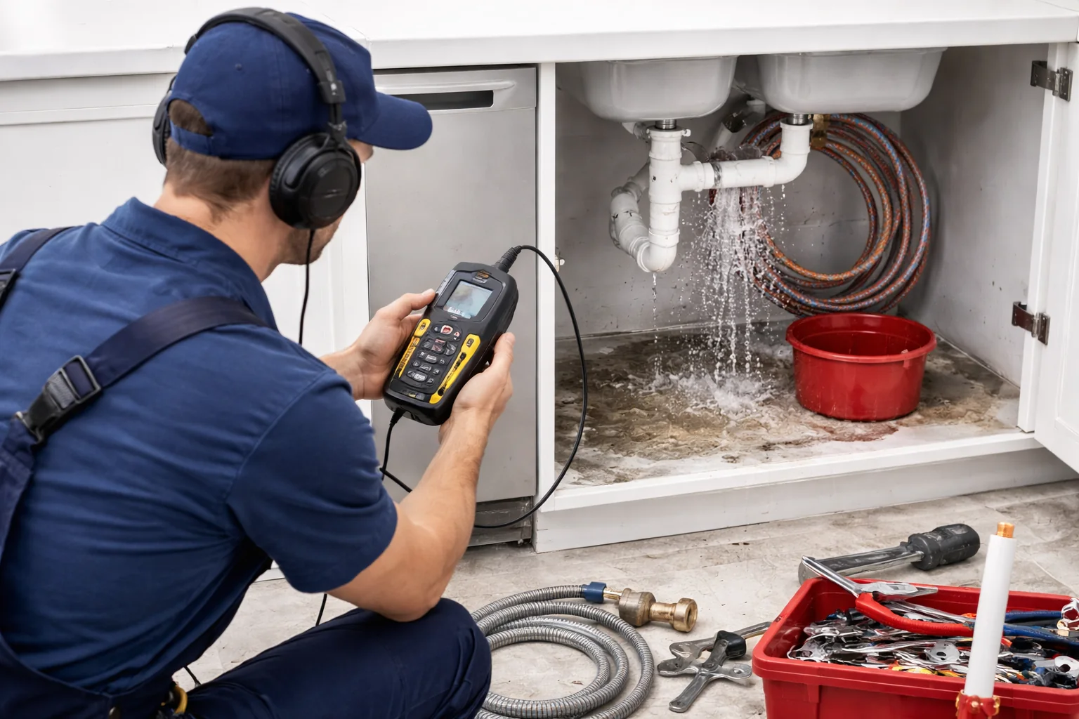 Plumber using leak detection equipment under a sink in Bloomington, IL