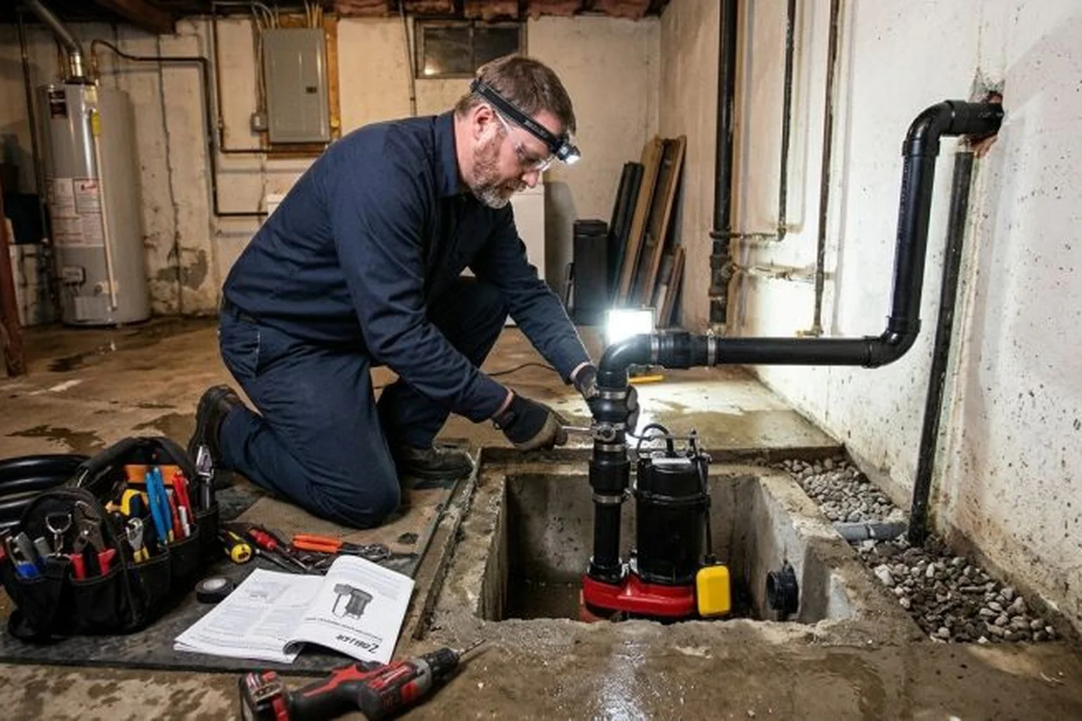 Plumber clearing a basement floor drain in a McLean County, IL home