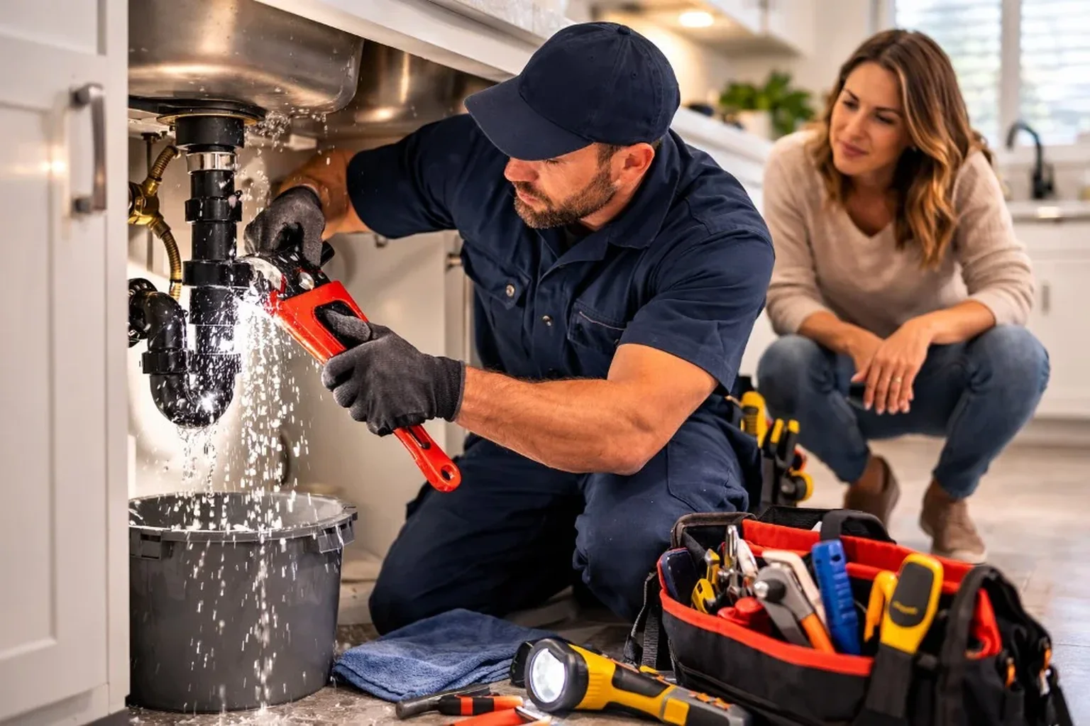 Plumber fixing a leaking sink drain pipe in a Bloomington-Normal home