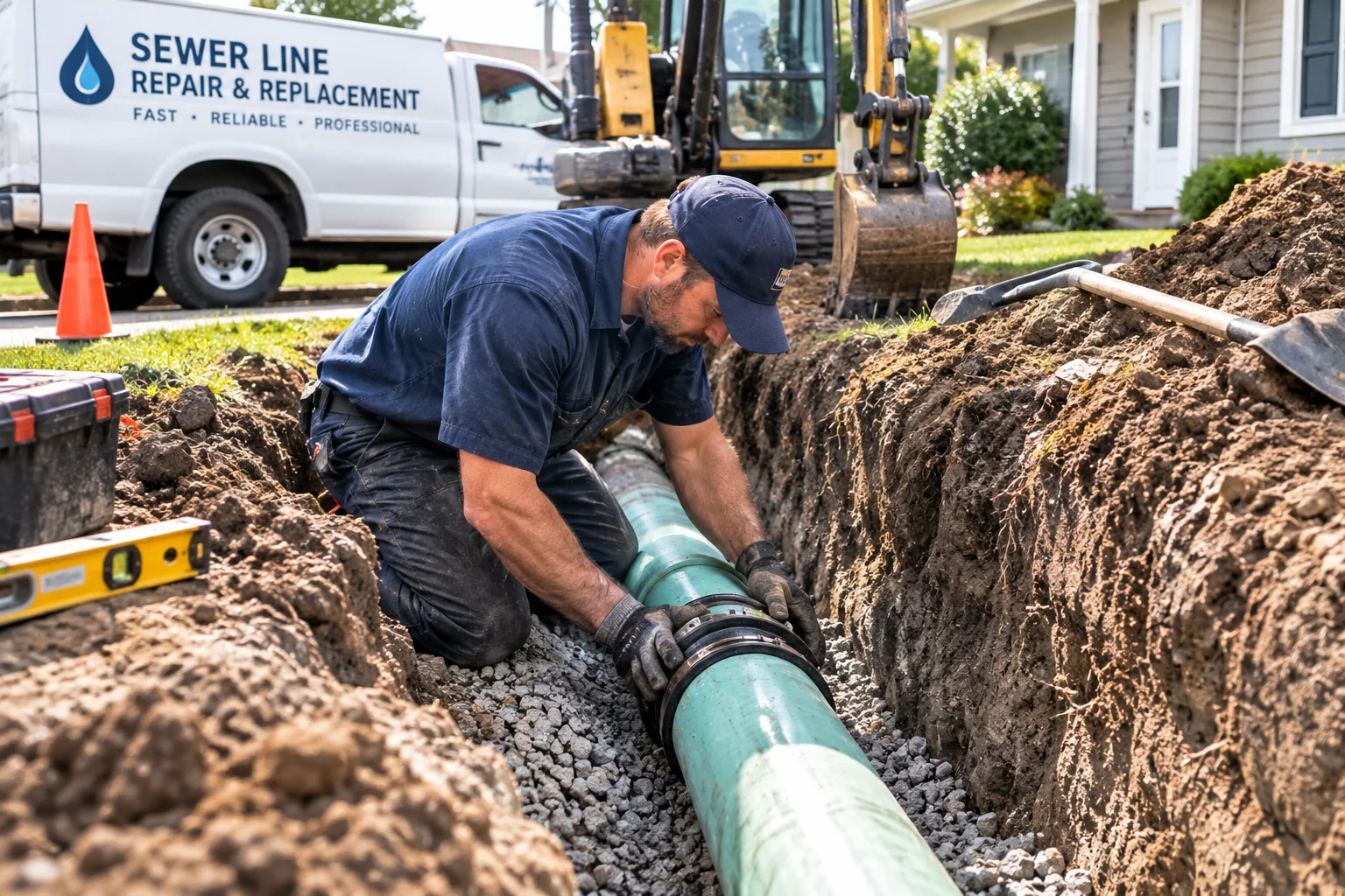 Sewer line replacement in an excavated trench in Bloomington, IL