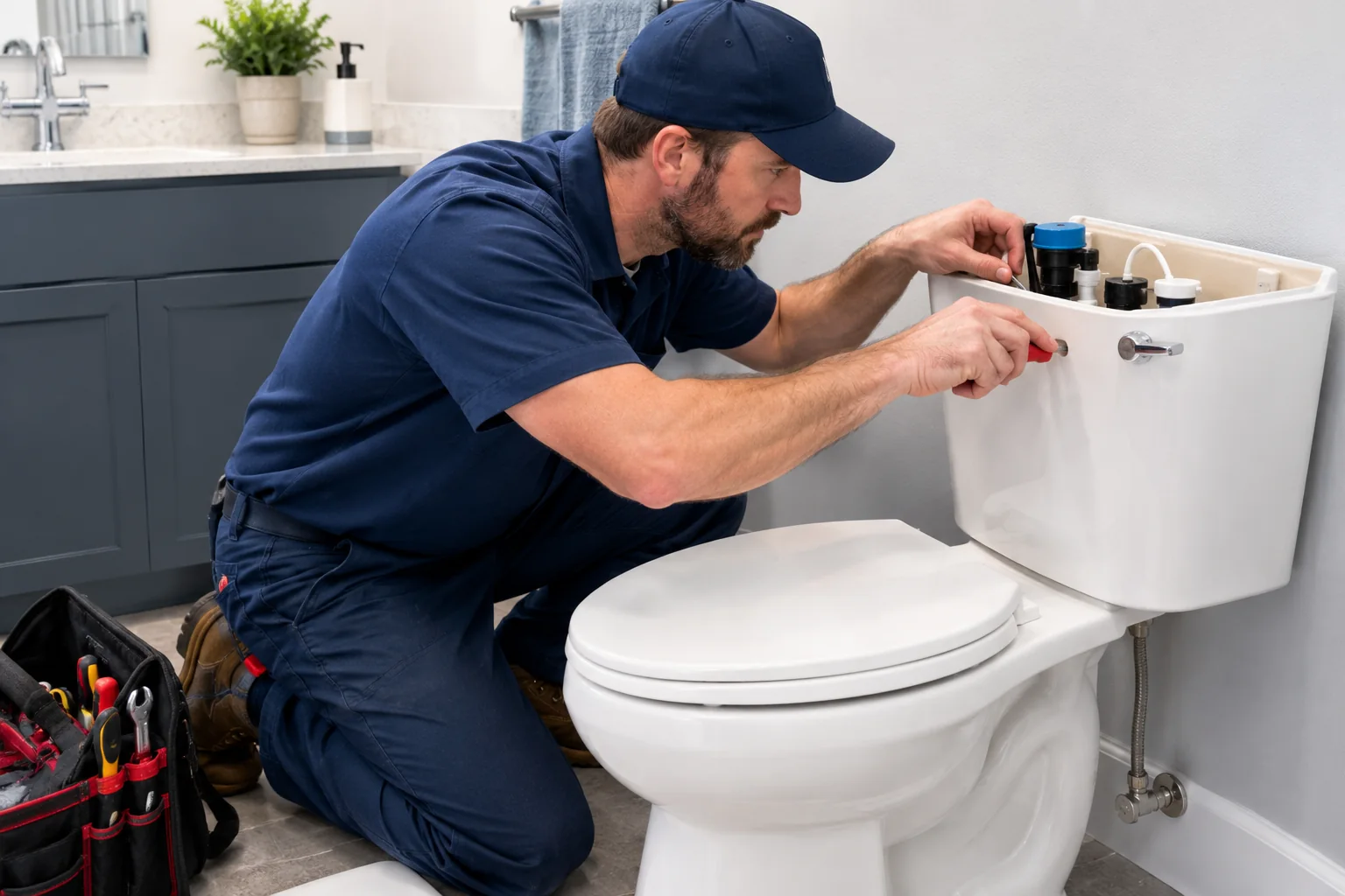 Plumber repairing toilet tank parts in a Bloomington, IL bathroom